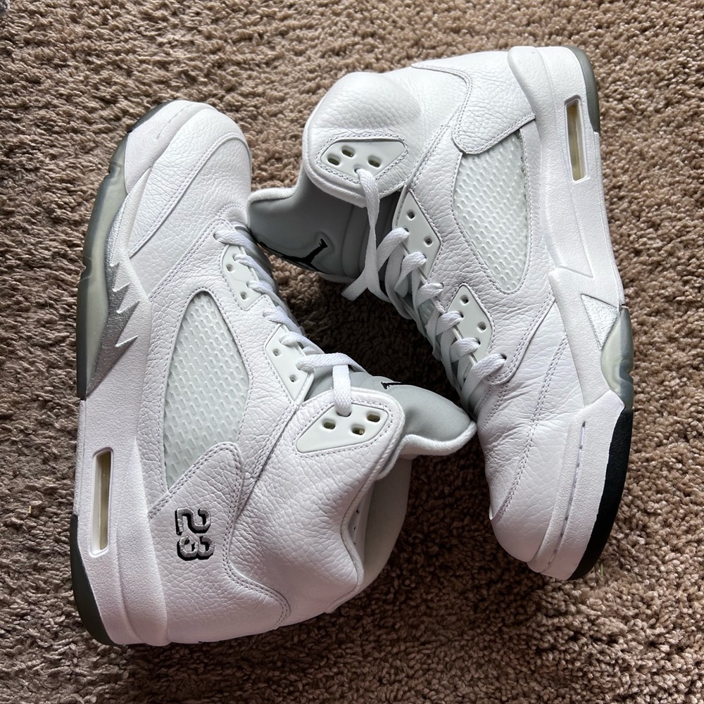 White Air Jordan 5s White metallic Lighting. Size 12, sealed in plastic bagging